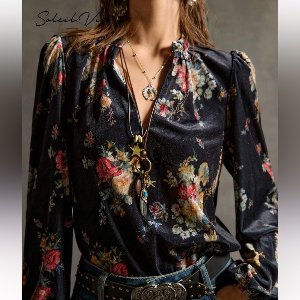 Black Velvet Floral Women's Top